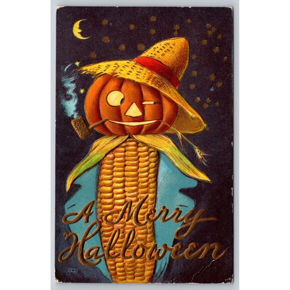 Other - Postcard Antique Halloween Jack O' Lantern Corn Cob Moon Embossed c1910 Stars